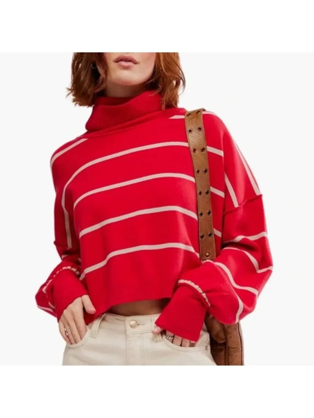 NEW Free People Paulie Striped Turtleneck Sweater Cropped Preppy 90s Womens L